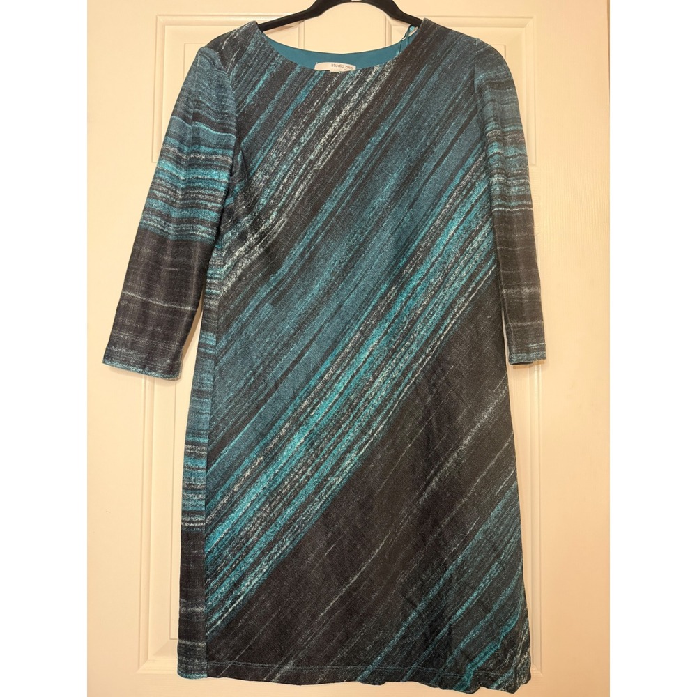 Studio One New York Teal Blue Abstract Stripe Shift Dress 8P Petite 3/4 Sleeve